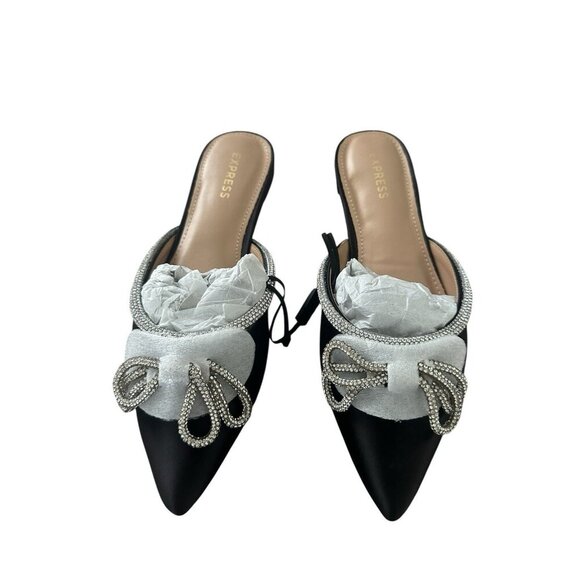 Express Women’s Black Mules Flat  with Bow Detail Size 6 New - Picture 2 of 14